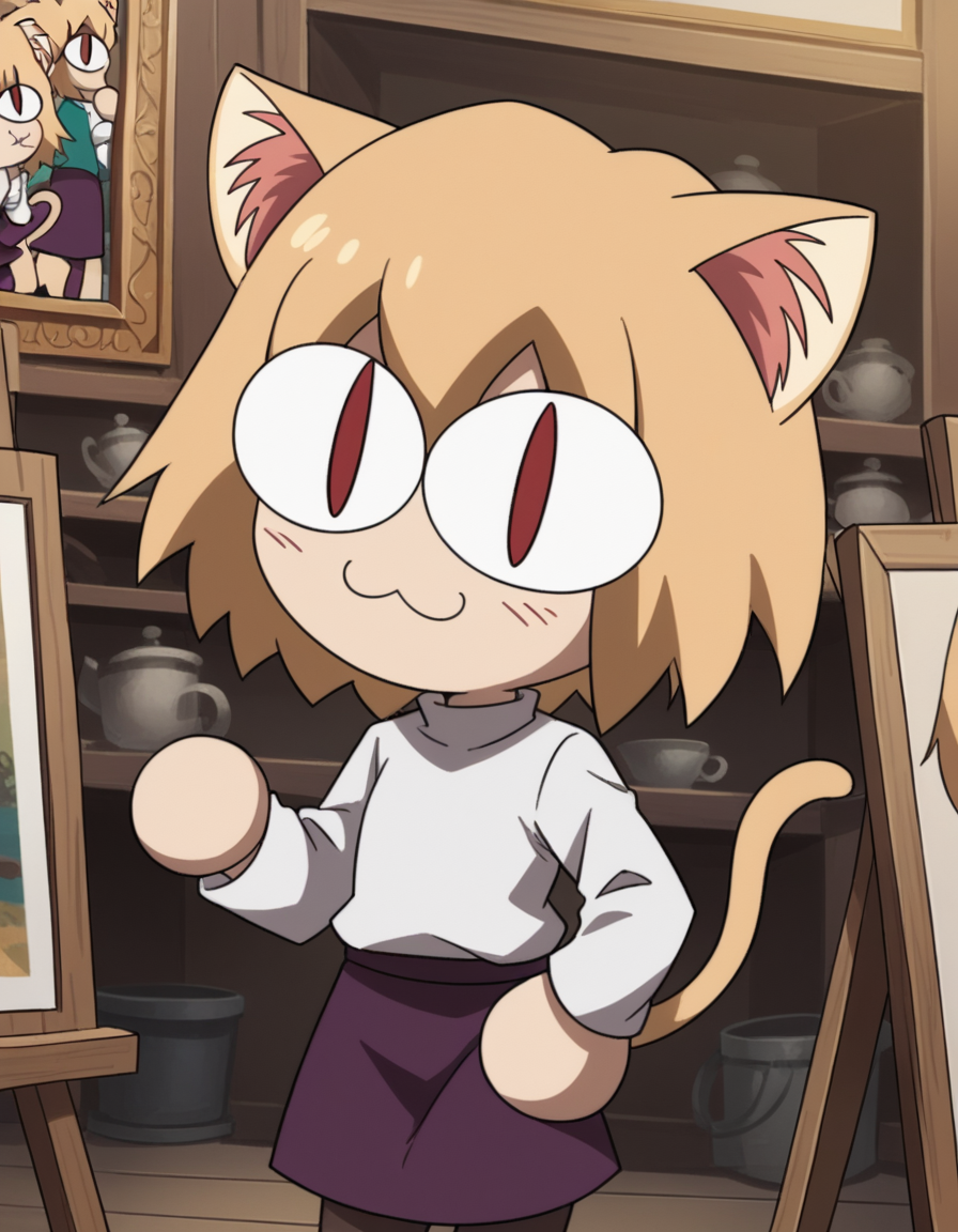 score_9, score_8_up, score_7_up, source_anime, <lora:carnivalphantasm-neco-arc-ova-ponyxl-lora-nochekaiser:1>, neco arc, short hair, blonde hair, red eyes, animal ears, tail, cat ears, chibi, cat tail, slit pupils,, skirt, pantyhose, sweater, purple skirt,, museum, art exhibit, paintings, observing, quiet contemplation, cultural experience, smile, , smile, solo,, dutch angle, cowboy shot