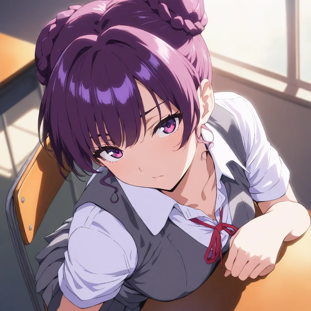 solo,looking at viewer,masterpiece,high score,great score,absurdres,<lora:Seito1_kisaku ag4o v1:1> seito1, purple hair, hair bun, purple eyes,school uniform,