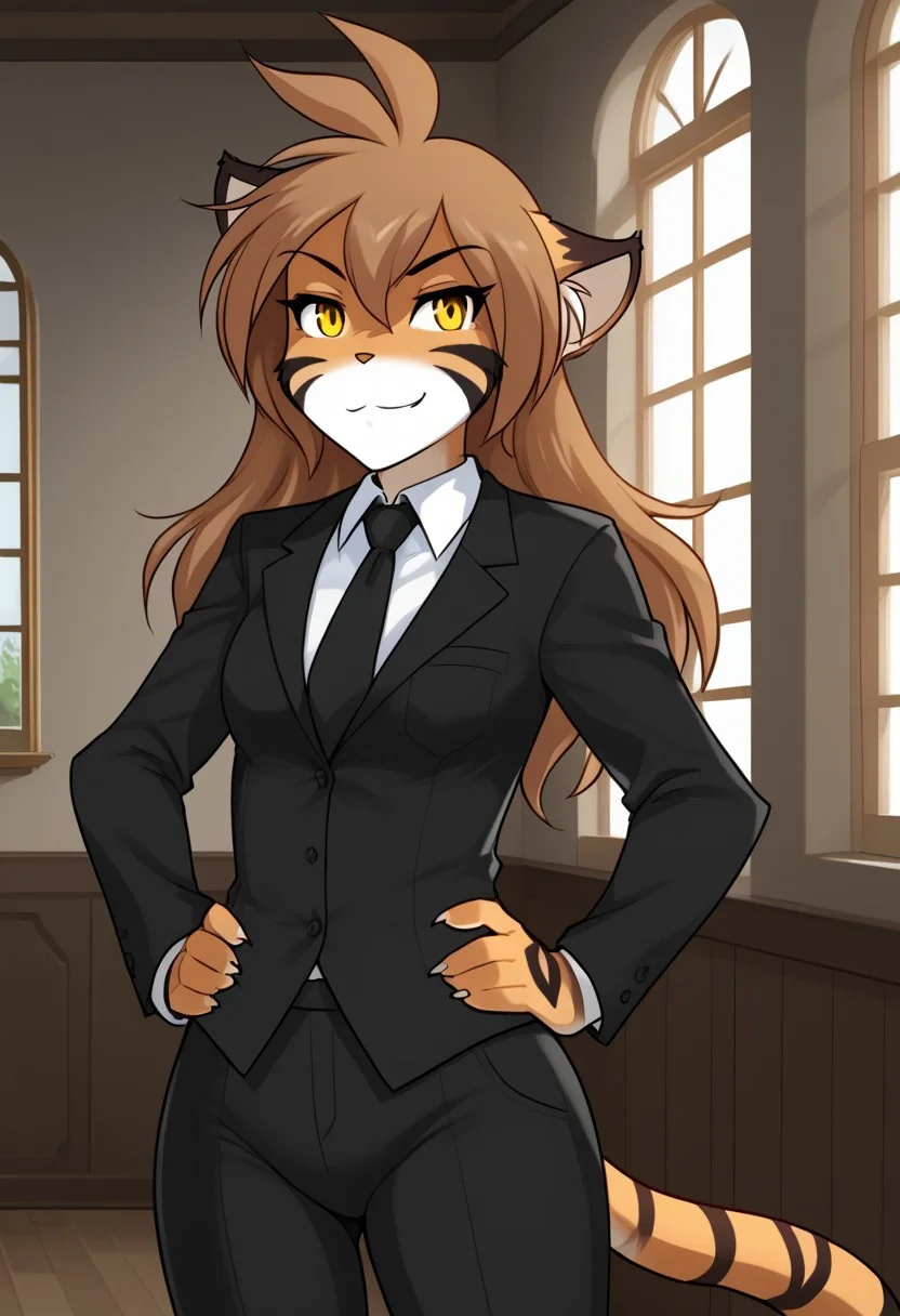 high resolution, best quality,solo, furry female anthro, long hair, small breasts, big hips , big ass ,(detailed background with windows and
furniture:1.2), perfect face, (seductive gaze, looking at viewer, smile), unbuttoned open black suit with black tie, white shirt under suit, (indoors, standing), finger claws dynamic pose ,<lora:Flora-Twokinds-SDXL-AnonTK-V3:0.85>, flora-twokinds, keidran, mammal, tiger tail, yellow eyes, hands on hip ,long lose black tie,