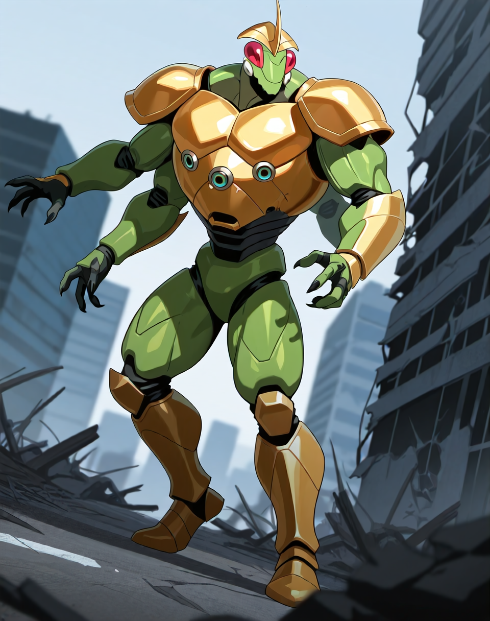 <lora:Ultimate_Katris_(Shinzo)_(Illustrious)_(AD):1.35> Ultimate Katris, muscular, mantis, Shinzo, 
((
exterior, bent leg, anime post apocalyptic city, destroyed buildings, destroyed skyscrapers, buildings laying at an angle or on the side, dutch angle, side view, 
dynamic action, insect anthro, male focus, strong warrior, manly, bounty hunter, villain, glossy gold armor, manly, masculine, 4arms, four armed, perfect proportions, green body, 
)), 
BREAK: very awe, aesthetically pleasing, masterpiece, best quality, amazing quality, very aesthetic, perfect depth of field shot, gradient coloring, subsurface reflections, source_furry, furry_art, vivid colors, source_anime, masterclass anime,
masterpiece, best quality, amazing quality, very aesthetic, high resolution, ultra-detailed, absurdres, newest, scenery, {Prompt}, BREAK, detailed background, volumetric lighting,
BREAK: lazympos, lazypos (3),