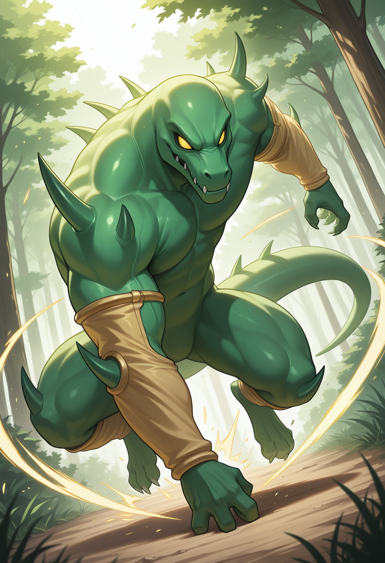 masterpiece,best quality,amazing quality, 1boy, solo, g4g4g1g0, furry, tail, arm sleeves, leg sleeves, bottomless, colored sclera, no pupils, full body, attack, outdoors, green skin,