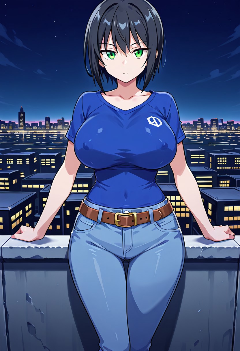 official art, detailed anime, ultra detailed anime art, anime screencap, screencap, score 9, score 8 up, score 7 up, masterpiece, anime coloring, source anime, 
BREAK
UltraGirlZeroH, 1girl, solo, large breasts, black hair, short hair, green eyes, fair skin, curvy, large hips, closed mouth, blue fitted t-shirt, short sleeves, (covered nipples:0.8), belt, jeans, leather boots, heels, 
BREAK
cowboy shot, standing, seductive look, ((frontal view, from front)), city, night, rooftop, detailed background,