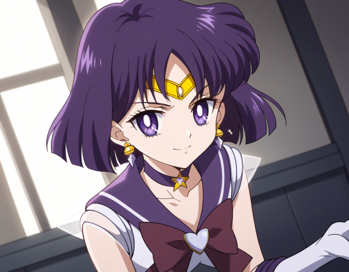 score_9, score_8_up, score_7_up, source_anime, <lora:hotaru-tomoe-eternal-movie1-ponyxl-lora-nochekaiser:1>, hotaru tomoe, purple eyes, short hair, purple hair, circlet,, brooch, choker, earrings, gloves, jewelry, magical girl, miniskirt, purple sailor collar, sailor collar, sailor senshi uniform, skirt, star choker, white gloves,, indoors, bent over, smile, looking at viewer, solo,, cowboy shot, dutch angle