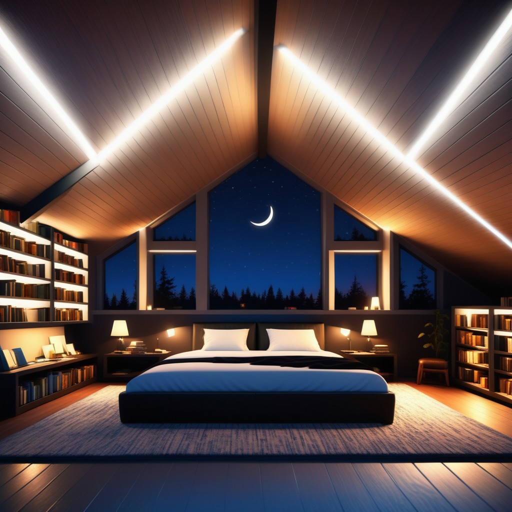 a Jed-Modern Attic , nightsky, masterpiece, full of details,ambient light, lamp lights, black bear rug, bookshelves, leather sofas, loft bed, photorealistic, sharp and in focus  <lora:ModernInteriorSDXL:0.7>