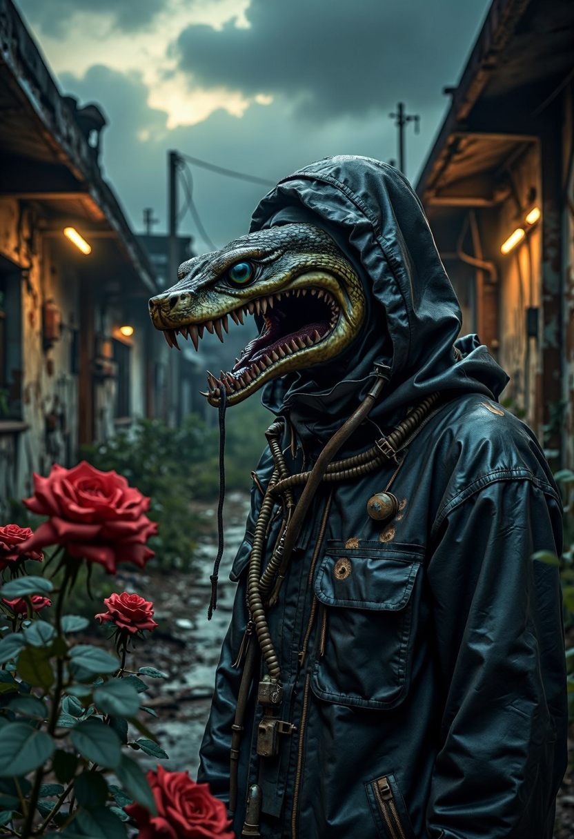 yfg-daak, Surreal photograph, sharp focus and intense lighting, capturing a figure with a monstrous, gaping snake head inside a coiled tube, amidst an abandoned, rusty urban setting with roses in the foreground, under a night sky with dramatic clouds, creating a bizarre and eerie scene.