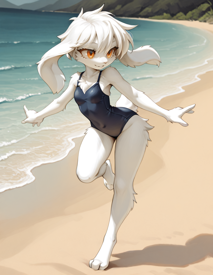masterpiece, best quality,
outdoors,beach, full body,smile,long eyelashes,parted lips,
standing on one leg, 
swimsuit, pose,
<lora:Mimiga_v01_ILXL:1>,
Mimiga,1girl,solo,furry female,rabbit girl,rabbit tail,rabbit ears,white fur,body fur,white hair,short hair,orange eyes,animal nose,