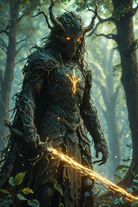 Silhouettes of dark ghostly tree man. Capture the essence of Nature's mystical beings He stands ready to fight intruders.
long hair. Glowing eyes. Glowing spear. Forest color palette. Light armor made of roots and leaf. Realistic.
DEVIL SPAWN. Cinematic lighting, Volumetric lighting, Epic composition, Photorealism, Bokeh blur, darkness, night, intricate glowing aether tattoos,
<lora:HKStyle:0.75> HKStyle,
<lora:add-detail-xl:0.85>,
<lora:EnvyBetterHiresFixXL01:1.0>,
<lora:extremely_detailed:1.0>, extremely detailed,
<lora:EldritchMixIllustration_1.1:0.6>,
<lora:Regiiinas_plant_style:1> plantstyle,