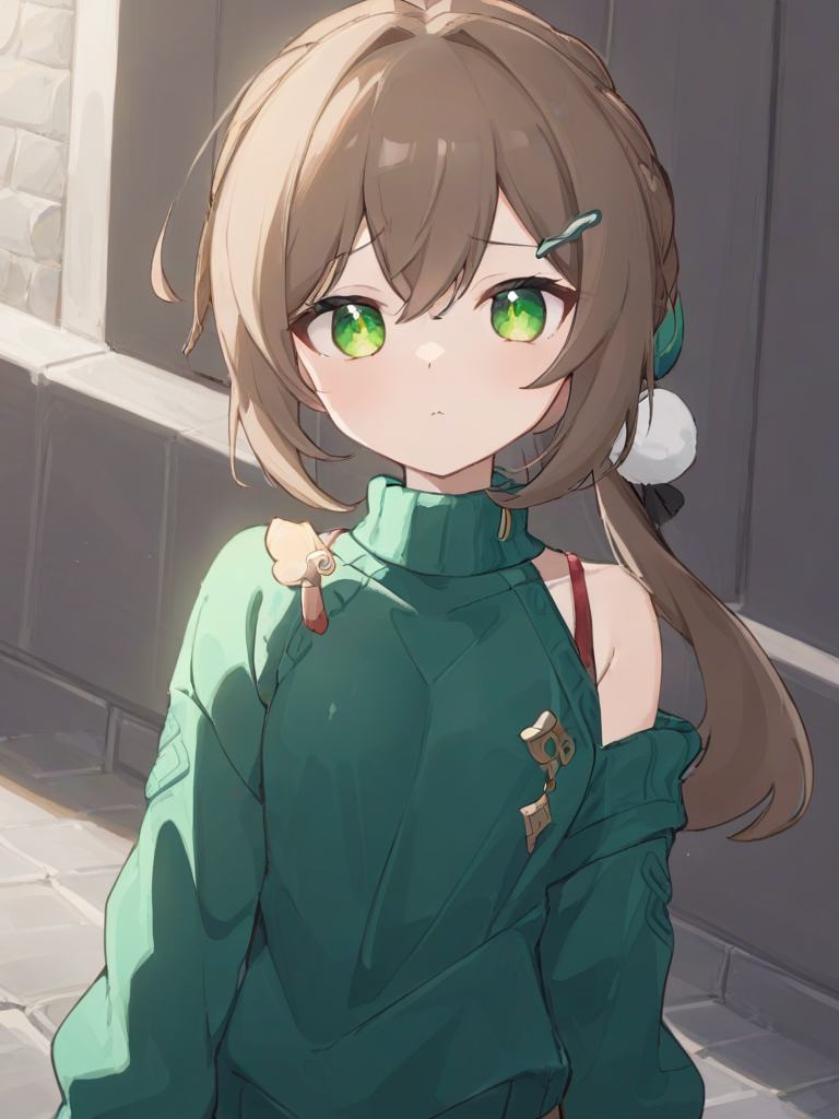 <lora:XL_qingque girl2:1>,qingque girl,green eyes,brown hair,cascadelle\(hairstyle)\,jumper