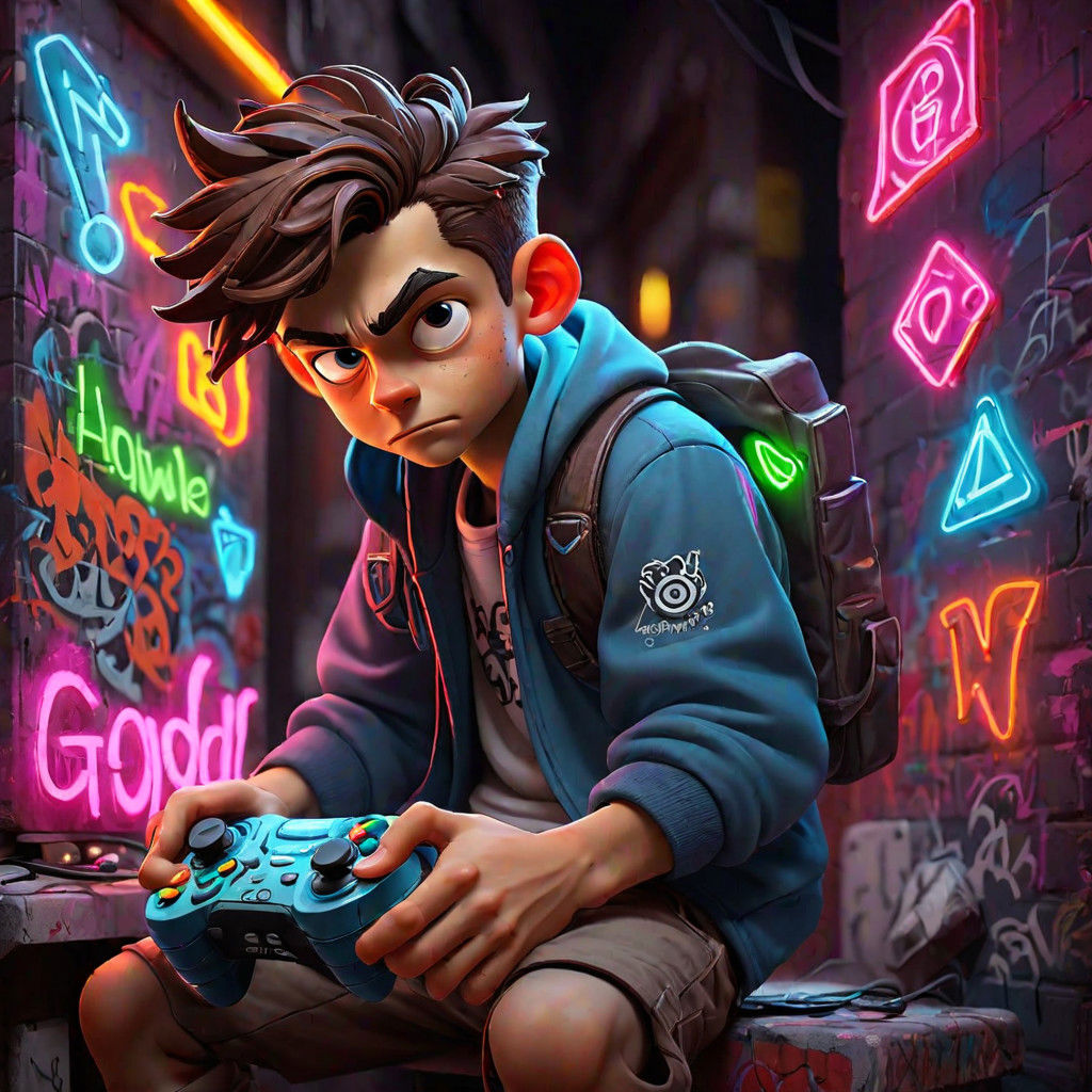 pc gamer boy , using controller , graffiti neon images of a neon lit sign with the text 'NoScopeGOD'