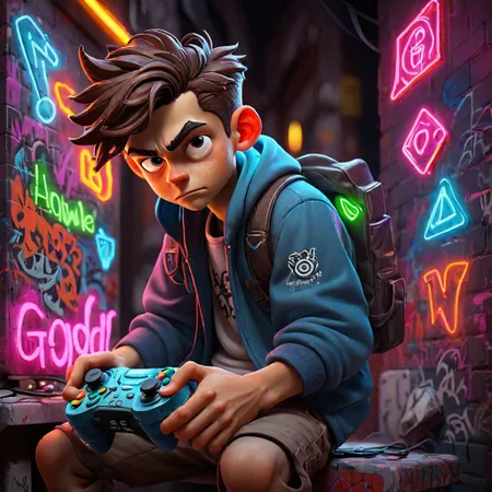 pc gamer boy , using controller , graffiti neon images of a neon lit sign with the text 'NoScopeGOD'