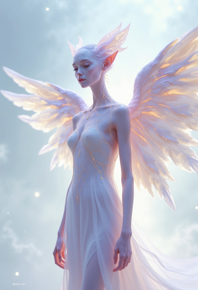 DB4RZ style paintingMode Fashion Magazine Cover 37 â Seraphic Symphony Model Name: Ariya (Angelic Humanoid) Photographer: Seren Celeste Camera Specs: Canon EOS R6, 50mm f/1.2 lens, soft ethereal lighting. Photo Description: Ariya, a humanoid alien with delicate, iridescent wings and a glowing aura, stands in a celestial, misty white background. Her skin is pale and translucent, with veins of soft gold light running beneath it. Her wings are large and shimmering, shifting in color from pale lavender to silver. She wears a flowing gown made of gossamer-thin fabrics that seem to float weightlessly around her body. Ariyaâs pose is serene and graceful, with her wings slightly raised, giving her a divine, otherworldly appearance. The soft lighting enhances her glowing aura, making her seem like a celestial being descended to Earth. Mode appears in elegant white font, with delicate gold and lavender cover lines reading: "Seraphic Symphony: Fashion of Heavenly Proportions" "Ariya: Grace and Divinity in Couture" "Ethereal Elegance: Light as a Feather, Bold as the Future" Clean Minimal Fonts <lora:FluxDFaeTasticDetails:0.8> <lora:aidmaImageUpgrader-FLUX-V0.1:0.33> detailmaximizer,