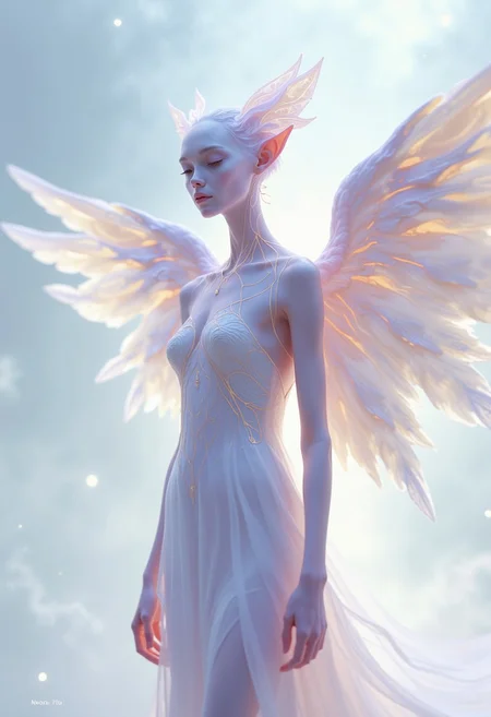 DB4RZ style paintingMode Fashion Magazine Cover 37 â Seraphic Symphony Model Name: Ariya (Angelic Humanoid) Photographer: Seren Celeste Camera Specs: Canon EOS R6, 50mm f/1.2 lens, soft ethereal lighting. Photo Description: Ariya, a humanoid alien with delicate, iridescent wings and a glowing aura, stands in a celestial, misty white background. Her skin is pale and translucent, with veins of soft gold light running beneath it. Her wings are large and shimmering, shifting in color from pale lavender to silver. She wears a flowing gown made of gossamer-thin fabrics that seem to float weightlessly around her body. Ariyaâs pose is serene and graceful, with her wings slightly raised, giving her a divine, otherworldly appearance. The soft lighting enhances her glowing aura, making her seem like a celestial being descended to Earth. Mode appears in elegant white font, with delicate gold and lavender cover lines reading: "Seraphic Symphony: Fashion of Heavenly Proportions" "Ariya: Grace and Divinity in Couture" "Ethereal Elegance: Light as a Feather, Bold as the Future" Clean Minimal Fonts <lora:FluxDFaeTasticDetails:0.8> <lora:aidmaImageUpgrader-FLUX-V0.1:0.33> detailmaximizer,