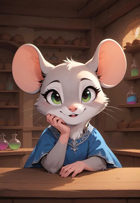 score_9, score_8_up, score_7_up, score_6_up, score_5_up, score_4_up, m0use_goldie, (cute, small hands), (feral:1.5), (blue dress, grey fur, green eyes), indoors, apothecary, shop, shelves, (sitting behind counter), (resting head on hand, elbows on counter:2), (potion bottles:1.5), upper body shot, head focus, (talking, open mouth), bored expression, annoyed expression, close up, (small hands:2)
