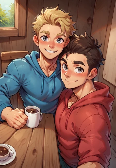 8k, score_9, score_8_up, score_7_up, masterpiece, 2boys, duo, couple, muscular twinks, broad shoulders, slim waist, lean, young, handsome, cute face, male focus, selfie, ((view from above)), handsome face focus, selfie pose, big biceps, hugging, BREAK,
(Kyl, 1boy, brown hair, brown eyes, red hoodie), BREAK,
(Mike, 1boy, spiky blonde hair, grey eyes,blue hoodie), BREAK,
holding hands, two cups of hot chocolate, sitting at table,
wooden cabin, indoors, open mouth, smile, blushing,