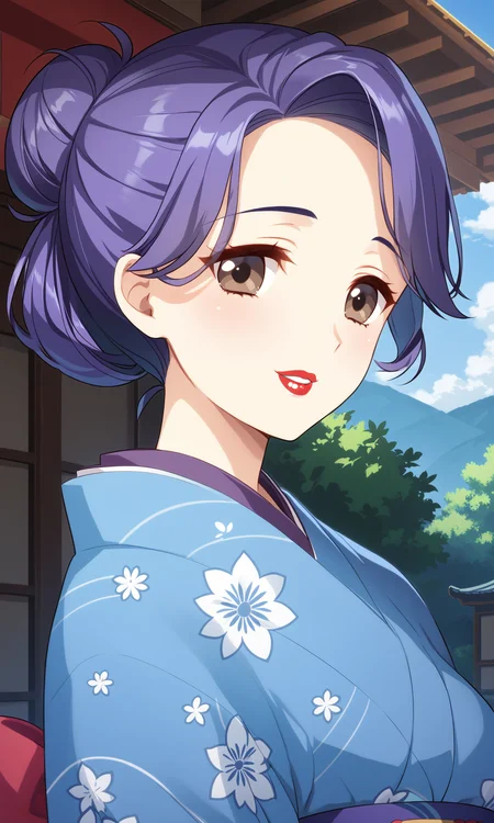 score_9, score_8_up, score_7_up,BREAK  portrait,close-up,1girl,Yayy, smile,parted lips,brown eyes,mature female,purple hair,long hair,lipstick,makeup,japanese clothes, print kimono,omikuji,indoors,floral print,single hair bun,long sleeves,outdoors,<lora:KUSI:1>
