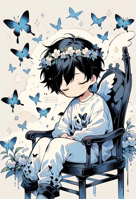 ((masterpiece, best quality, illustration)), cute doodle, ink painting, solo, simple background, shirt, black hair, long sleeves, 1boy, sitting, closed eyes, white shirt, flower, male focus, wings, pants, grey background, feet out of frame, watermark, chair, bug, white flower, butterfly, feathered wings, angel wings, white pants, white wings, head wreath, white theme