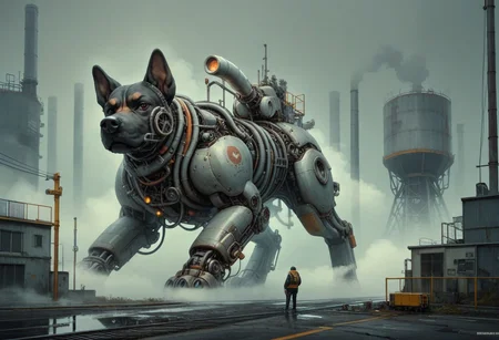Score_9,Score_8, industrial_world, fog, steam, a giant dog made of machinery