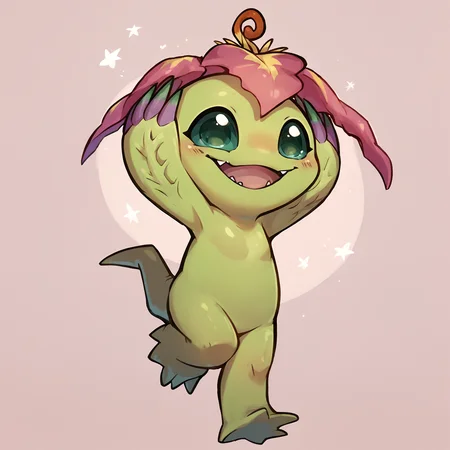 score_9, score_8_up, score_7_up, score_6_up,source_furry,rating_safe,1girl,digital artwork, digimon, (palmon:1.1), green body, (jumping:1.1),(cute, adorable, small:1.3),<lora:palmon_SDXL:0.9>