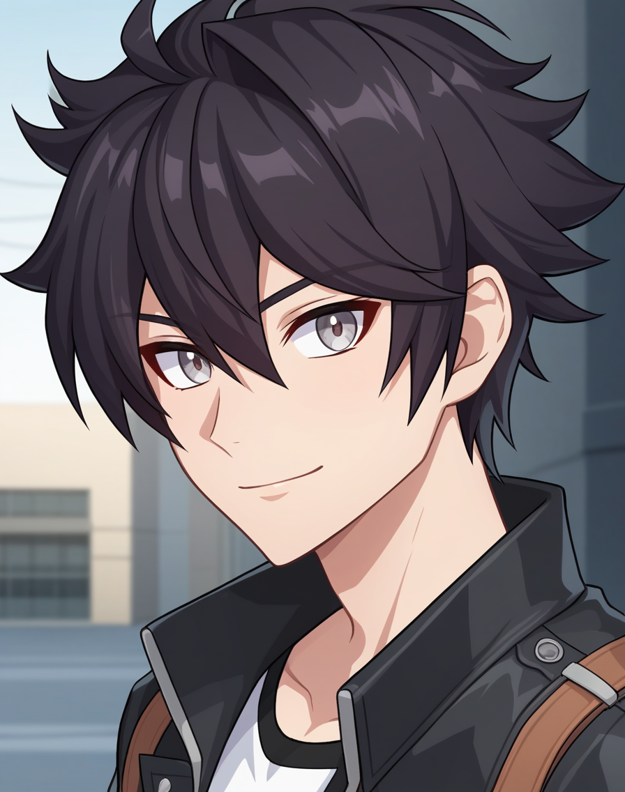 score_9, score_8_up, source_anime, original style, BREAK, rating_safe, <lora:ercnard_sieghart_pony:0.8>, straight-on,  ercnard_sieghart_pony, black hair, gray eyes, short hair, hair between eyes, 1boy, solo, male focus, portrait, cowboy shot, jacket on shoulders, outdoors, looking at viewer,