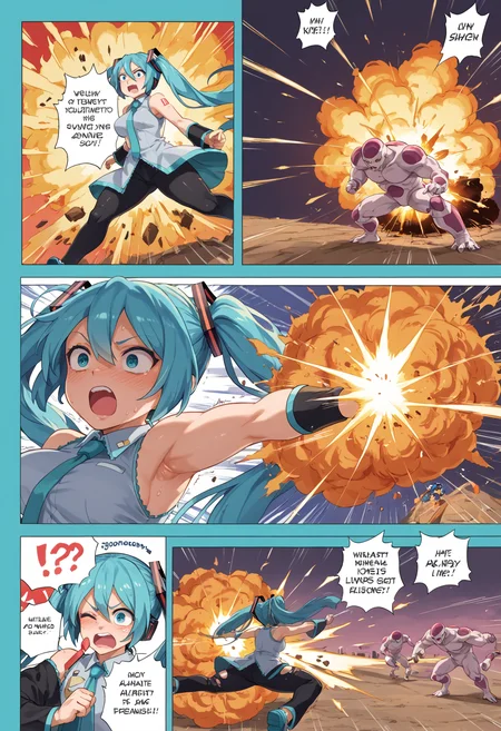 score_9, score_8_up, score_7_up, score_6_up, score_5_up, score_4_up, anime source,
<lora:FComic_1to1000_Pony_V1:0.1>
<lora:DBBattle_Pony_V2:0.8>DBBattle, (duel:1.25), (comic:1.25), battle, emphasis lines, speed lines, motion lines, !?, !!, style parody,
Frame, Text, English Text, speech bubble, trembling, focus line, vibrating line, comic expression, Sound effect,
1 girl, girl forcas, 2+ boys, Monster Boy, Creature Boy, Mutant Boy,
fighting stance, aura, simple backgraund,,
injury, torn clothes,
((explosion)),
(mature female:1), huge brests:1, shiny skin, oily skin, Thick thighs, voluptuous lower body,
<lora:miku-hatsune-ponyxl-lora-nochekaiser:0.5>, miku hatsune,