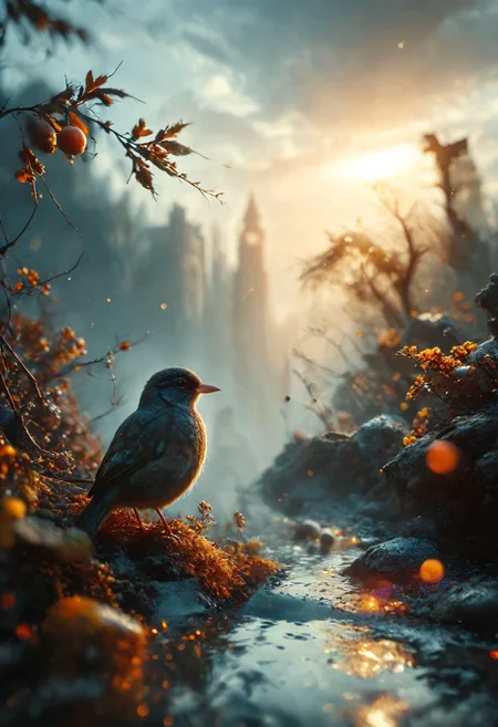 A mesmerizing close-up portrait of a gorgeous little bird illuminated by the soft, golden light of a tranquil morning, with vibrant bokeh balls gently framing its delicate form. The image is rendered in sharp detail, capturing every feather and intricate feature of the bird with stunning clarity. Soft, diffused lighting enhances the warmth and radiance of its plumage, while the high-quality bokeh adds a touch of magic to the scene. Multiple image exposures are expertly combined to emphasize the bird's vibrant colors and captivating gaze. This stunning image is rendered in insanely high resolution, realistic, 8k, HD, HDR, XDR, focus + sharpen + wide-angle 8K resolution + HDR10 Ken Burns effect + Adobe Lightroom + rule-of-thirds + high-detailed bark. Canon EOS 5D Mark III, 1/160s, f/8, ISO 100. The resulting image is a masterpiece of nature photography, with lifelike colors and exquisite details that evoke a sense of tranquil beauty. (tranquil yet evocative:1.2)
shimmering digital colors, mixed media, textured paper, overlapping, asymmetrical, abstract, vibrant
many details, extreme detailed, full of details,
Wide range of colors.
Many details everywhere. soft shadows. Low saturation colors. Insane quality. Insane resolution. Insane details. Masterpiece. 32k resolution.
Dramatic,Dynamic,Cinematic,Sharp details
<lora:add-detail-xl:1> <lora:MJ52:1> <lora:ral-apoctvisn-sdxl:1> <lora:zavy-cntrst-sdxl:1>