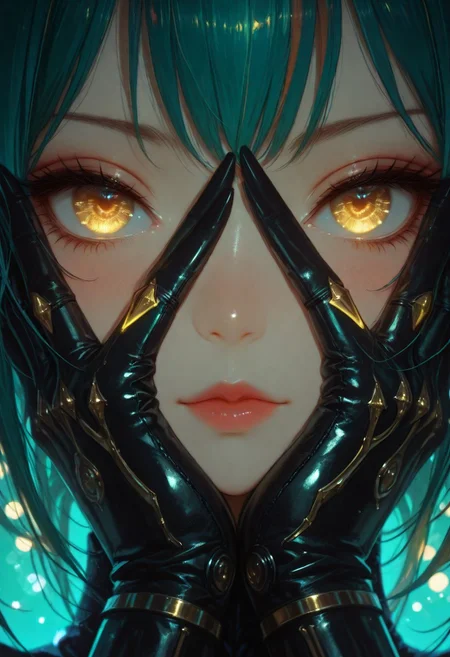 masterpiece, best quality, very awa, absurdres, score_9, score_8_up, score_7_up, score_6_up, high gradient eyes, detailed eyes, high definition eyes, dramatic lighting, dynamic posture, sexy attire, seductive | 1girl, dreamy close-up portrait, impressionistic aesthetic, striking blue and gold eyes, vibrant color contrast, soft pastel tones, rainbow prism overlay, teal and emerald background hues, dark light-streaked hair, colorful bokeh lights, hazy ethereal quality, soft backlighting, gentle shadow textures, highlighted skin and clothing, soft pink lips, hands covering face and neck, intimate vulnerable emotion, subtle neon glowing fingers, vintage film poster vibe, photo booth effect inspiration, mysterious fantastical beauty, non-hyperrealistic softness, dreamy surreal atmosphere, central subject focus, blurred mystical background, delicate facial detail, luminous refracted light