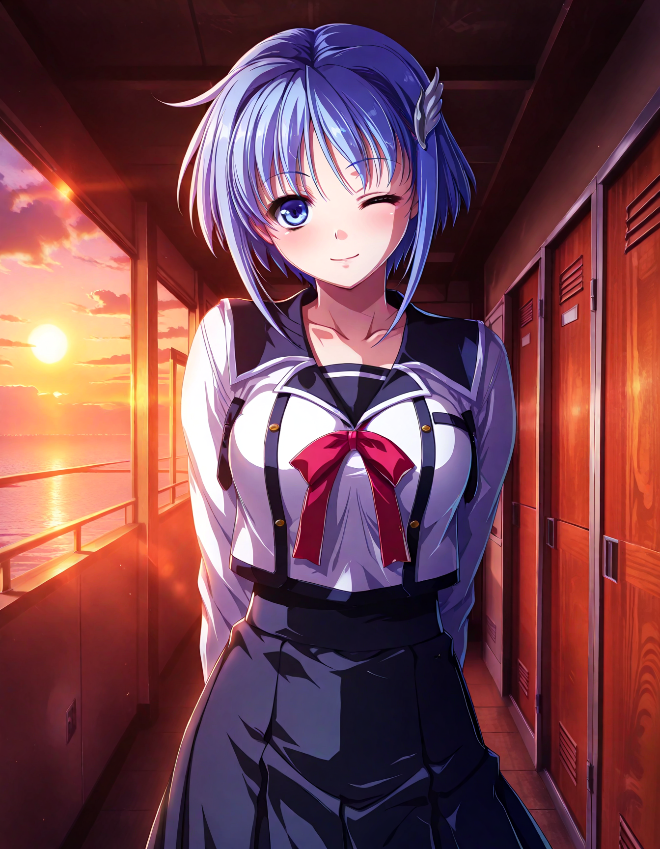(1girl, solo:1.3), (2girls, 3girls, 4girls, multiple girls, 2boys, 3boys, 4boys, multiple boys:-1.5) <lora:Kajio_Honoka_Denshanai_de_Now_Illustrious:0.9>, kajio_honoka, medium breasts, blue eyes, blue hair, short hair, bangs, sidelocks, hair ornament, school uniform, serafuku, red ribbon, black skirt, pleated skirt, light smile, one eye closed, general, contrapposto, dynamic pose, arms behind back, portrait, from side, pov, , indoors, school, school hallway, corridor, lockers, window, outdoor view, (curtains:-1.0), <lora:NOOB_EPSv1_1_detailer_by_vlnvk_v1_0:1.5>, (photo background:0.7), evening, (tachibana yuu:0.6), inue shinsuke, (kazuma muramasa:0.0), saikawa yusa, (aoi manabu:0.6), abarerumidori, (suzui narumi:0.6), masterpiece, newest, absurdres, 8K, anime screenshot, anime coloring, flat color, official art, film grain, <lora:illustriousXLv01_stabilizer_v1.185c:0.7>, <lora:LECO_Solo:-4.0>,