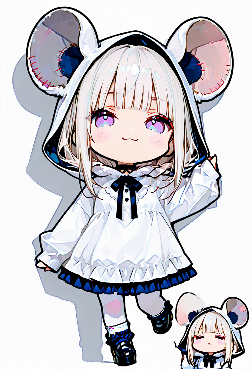 masterpiece, ultra-HD, very aesthetic, 8K, high detail, depth of field, score_9, score_8_up, 
BREAK
BREAK
1girl, solo, light black hair, medium-length hair, blunt bangs, flowing hair, unzipped, patchwork style, oversized rat ears, (chibi:2), 
BREAK
bustle skirt, white dress, sleeves past wrists, white Hood, white pantyhose, dark blue frilly socks, oversize high platform shoes, One leg lifted, leaning against the wall, smug expression
BREAK
<lora:Cat_hood_One-piece_setã­ãã¿ã¿ãã¼ãã¯ã³ã:1>, <lora:Rat_Chibi:1>,