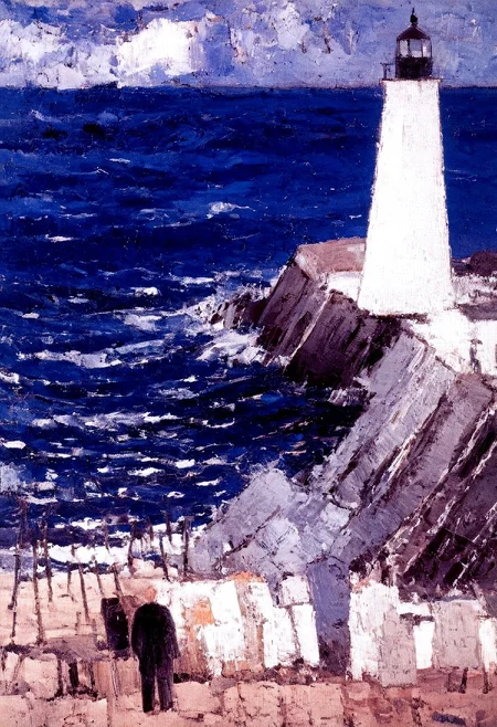 old man near the lighthouse, sentimental, by bernard cathelin, painting, paris art, scenery