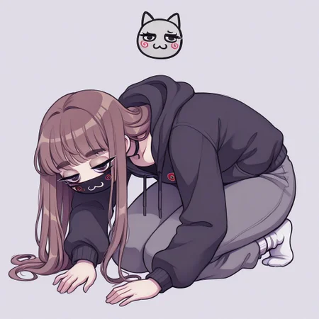 Paula,1girl,Brown hair,mask with :3 symbol,choker,bangs, hoodie,baggy gray pants,white socks,Long hair
dogeza