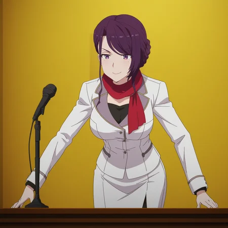 Yukina Takatsu, toji no miko style, 1girl, solo, short hair, purple hair, swept bangs, braided bun, single hair bun, purple eyes, mole under eye, large breasts, red scarf, black shirt, white skirt, white jacket, black pantyhose, black high heels, standing at podium, talking in microphone, legs together, smile
BREAK
inside press conference
BREAK
anime screencap, anime coloring, anime colored background, detailed background, detailed face, shiny skin, shiny hair, absurdes, highres, dynamic pose, masterpiece, best quality, official art, cel shaded, graphic illustration, digital painting, CGI, very detailed, amazing quality, intricate details, dynamic pose, HDR, UHD, 8K, Fineline illustration, Highly detailed, ultra-fine painting, sharp focus, Professional, Vivid Colors <lora:add-detail-xl:1> <lora:DetailedEyes_V3:1> <lora:Toji_no_miko_character_pack_Illustrious:1>