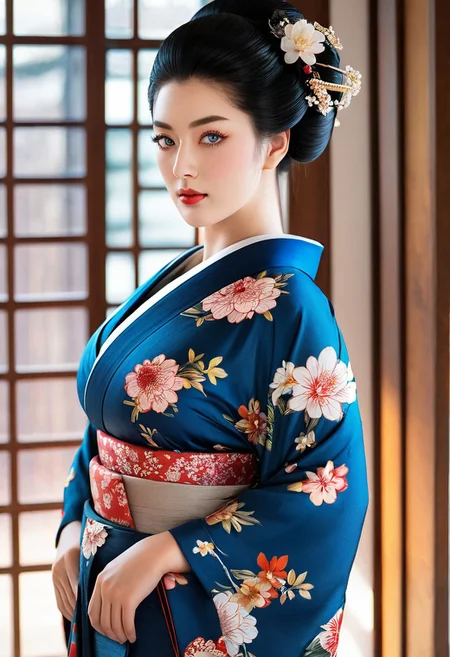 embedding:urn:air:sd1:embedding:civitai:222256@250708, score_9, score_8_up, score_7_up, rating_explicit, MythAn1m3, 4k, masterpiece, highly detailed, 18yo, girl, Blue eyes. small perfecteyes , no makeup. Clear skin. realistic skin style, Long dark black slick back hair. No makeup. Cheerful morning , bright sun light. fancy hair style, decorated hair style, sexy, extremely beautiful, stunning beauty, striking beauty, beautiful face, Japanese girl, perfect anatomy, (aristocracy, geisha, beautiful kimono),(cleavage:1.2, huge breasts), bursting breasts, smooth skin, seductive, tea house, Slight smile, tilting head. Tilt head. Looking at viewer. (full shot:1.5).