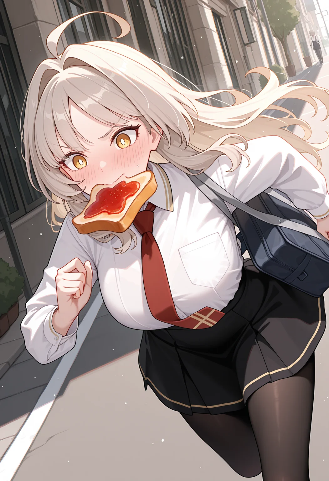 highres, best quality, masterpiece, street,
1girl, solo, rlplsmr, long hair, grey hair, blonde hair, sidelocks, yellow eyes, ahoge, hair intakes,
school uniform, white shirt, collared shirt, red necktie, long sleeves, black skirt, black pantyhose,
school bag, running, toast, toast in mouth, white pupils, embarrassed, mouth hold,
light particles, dutch angle,
<lora:_louise_marie_pcr-elesico-ilxlA:1>
