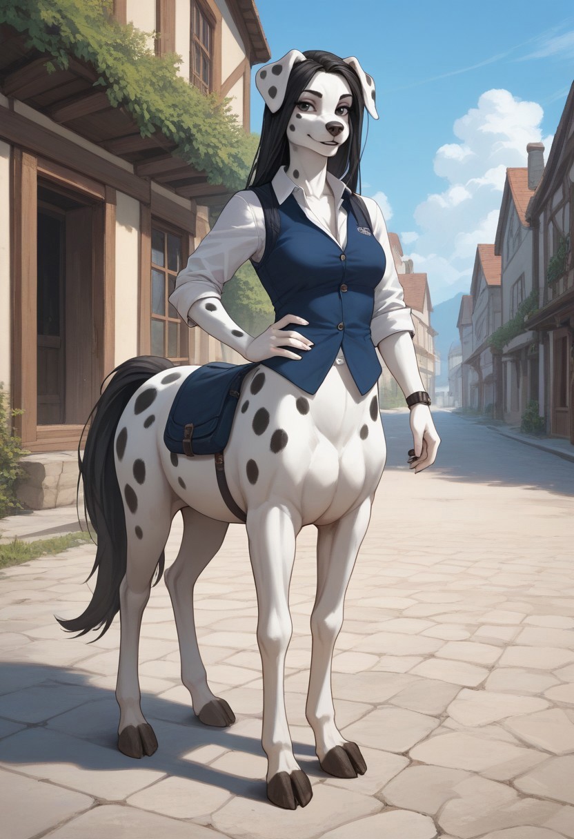 score_9,score_8_up,score_7_up,score_6_up,score_5_up,score_4_up, BREAK female ((Dalmatian)), centaur, solo, smile, village, day, hooves, white horse tail, ((furry)), black hair, swept bangs, dog head, dog ears, dog nose, spotted fur, hand on hip, (furry hands)