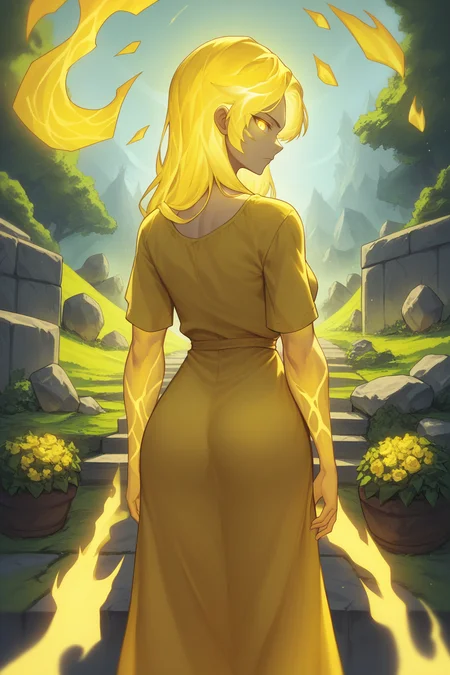 score_9, score_8_up,  <lora:NSFelConstructWC3:1> 1girl, long hair, solo, yellow sundress, NSFelConstructWC3, looking at viewer, yellow eyes, standing, glowing, glowing eyes, monster made of stone, yellow flames, yellow glow, bones, looking back, from behind, garden