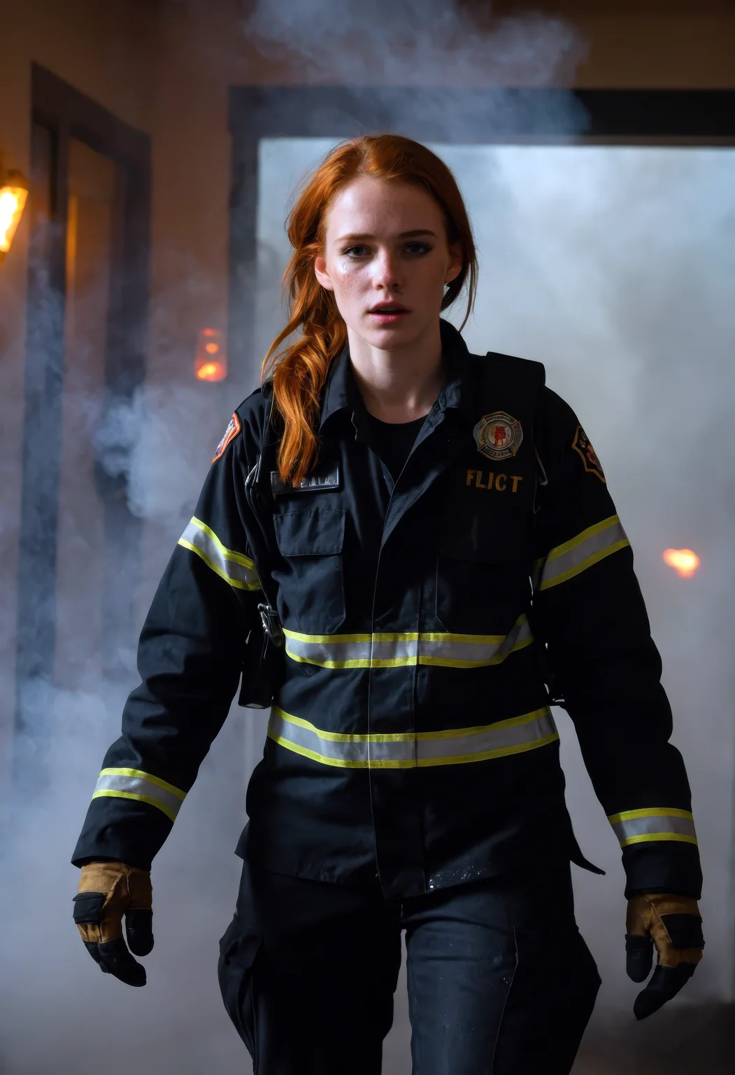 sdxl_jessidom, fearless female firefighter emerging from a smoky doorway, soot-smudged cheeks and adrenaline in her eyes, wearing heavy turnout gear half-unzipped to reveal a sweat-dampened undershirt, glowing embers drifting in the air, backlit by emergency lights and swirling smoke, mood of heat, chaos, and raw heroism