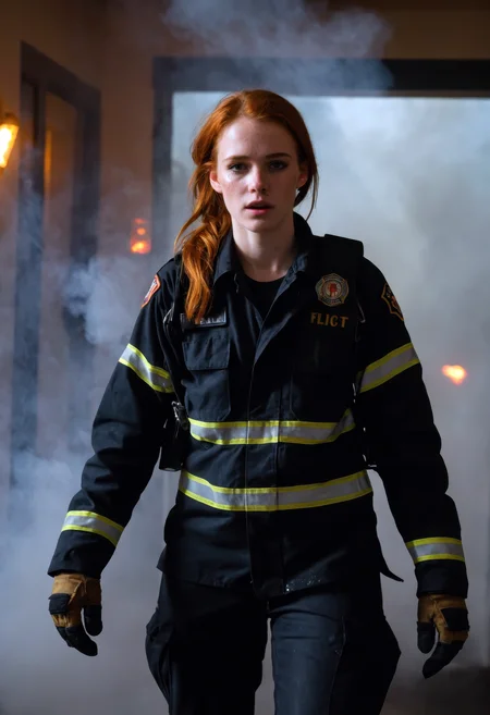 sdxl_jessidom, fearless female firefighter emerging from a smoky doorway, soot-smudged cheeks and adrenaline in her eyes, wearing heavy turnout gear half-unzipped to reveal a sweat-dampened undershirt, glowing embers drifting in the air, backlit by emergency lights and swirling smoke, mood of heat, chaos, and raw heroism