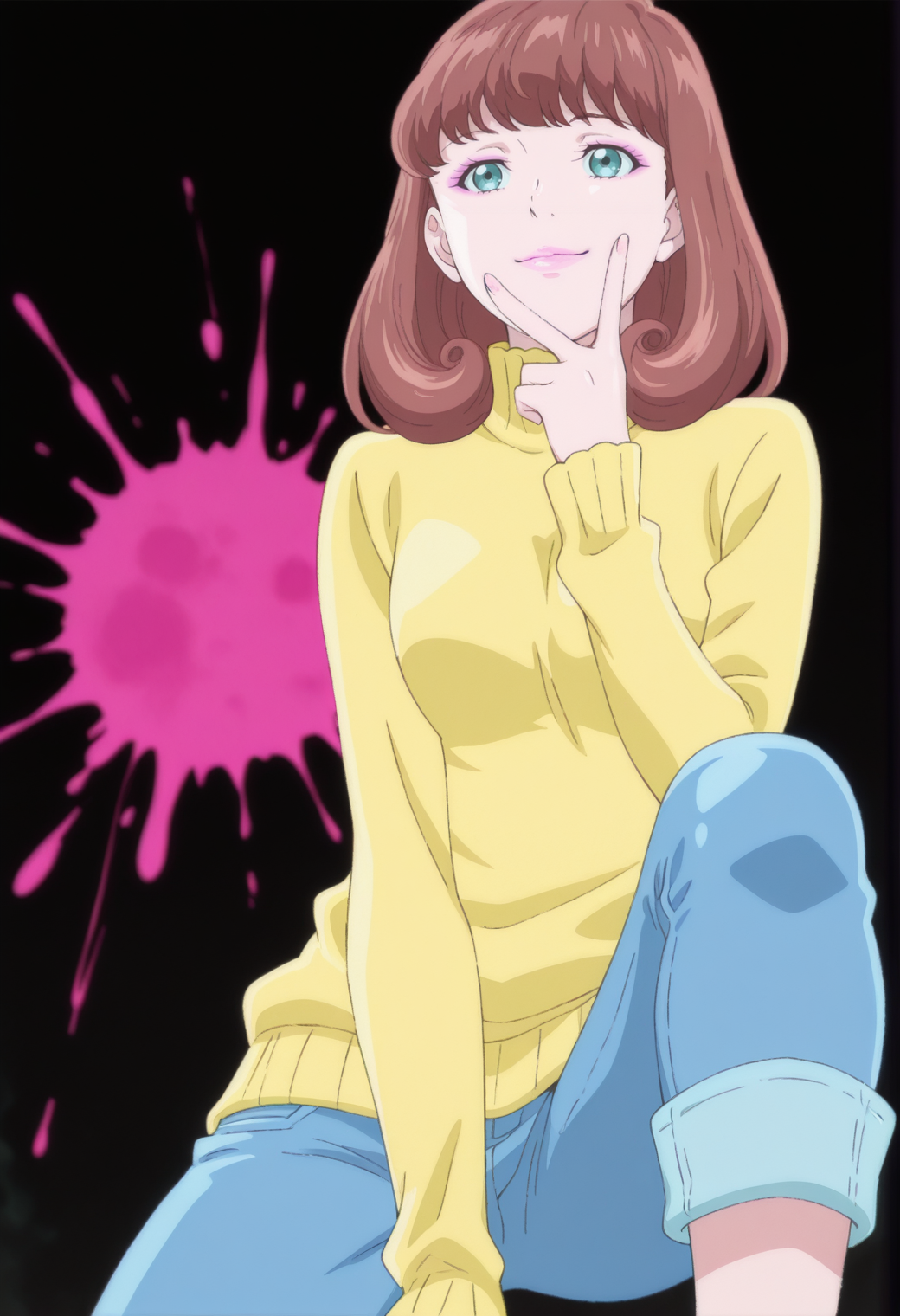 anime screencap, anime coloring, 1girl,  solo,   <lora:DX888MiraIL:1>gotokuji mira, aqua eyes, brown hair, medium hair, pink lips,  yellow sweater, turtleneck sweater, capri pants, jeans BREAK black background, splatter background, BREAK dutch angle,  from below, dynamic pose, posing, smile,       v over mouth, on one knee,  upper body,