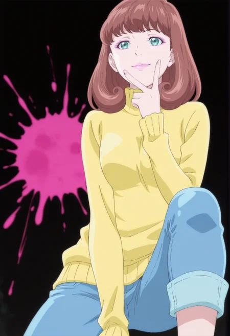 anime screencap, anime coloring, 1girl, solo, <lora:DX888MiraIL:1>gotokuji mira, aqua eyes, brown hair, medium hair, pink lips, yellow sweater, turtleneck sweater, capri pants, jeans BREAK black background, splatter background, BREAK dutch angle, from below, dynamic pose, posing, smile, v over mouth, on one knee, upper body,