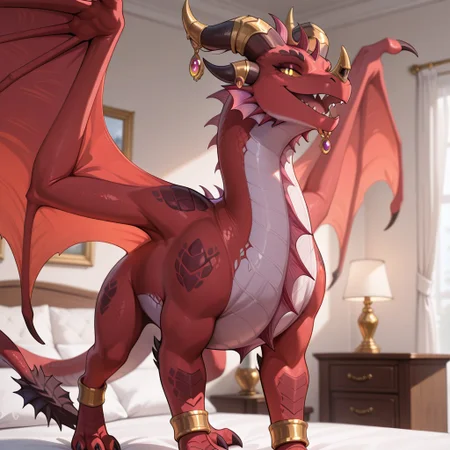 1girl, highres, absurdres, newest, masterpiece, best quality, furry, furry_female, Alexstrasza_wc, dragon, red scales, (chest frill, head frill, white frill:1.2) nose horn, gold horn ornaments, white underbelly, wings, horns, tail, tail end, claws, yellow sclera, black pupils, bracelets, ((chin ornament)), (feral, quadruped:1.3), (standing), open_mouth, open mouth smile, luxurious detailed room, bright room, day scene, professional lighting, white bed, solo, bedroom, smiling, seductive, looking_at_viewer, masterpiece, close up, safe