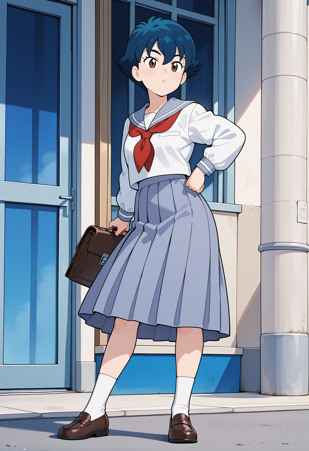 masterpiece, best quality, very aesthetic, absurdres, 1girl, solo,
<lora:shimaya_hazuki_v01:0.8>, shimaya_hazuki, hazuki_school, blue hair, short hair, brown eyes, hair between eyes,
school uniform, serafuku, blue sailor collar, red neckerchief, long skirt, plated skirt, white socks, loafers, posing, holding, school briefcase