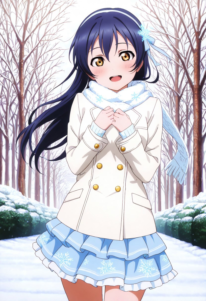 masterpiece, best quality, solo, 1girl, aged up, happy, 
 umi_sonoda, sonoda_umi, long hair, bangs, hair between eyes, blue hair, brown eyes, winter-themed idol outfit, long white coat with blue ribbon details, snowflake patterns on skirt, fluffy collar, knitted scarf, snowy stage in a forest clearing, gentle snowfall, soft vocals, graceful and serene presence
