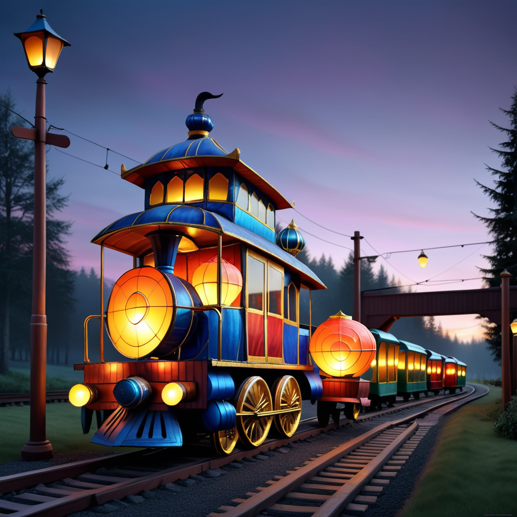 Generate an image in a photorealistic style depicting a train constructed entirely out of lanterns ,sits on traditional railway tracks, with the background fading into a twilight ambiance, enhancing the lights' effect. Each lantern should be detailed, with visible textures of glass and metal, creating a magical yet plausible depiction of this imaginative concept, <lora:lightflower3:0.8>