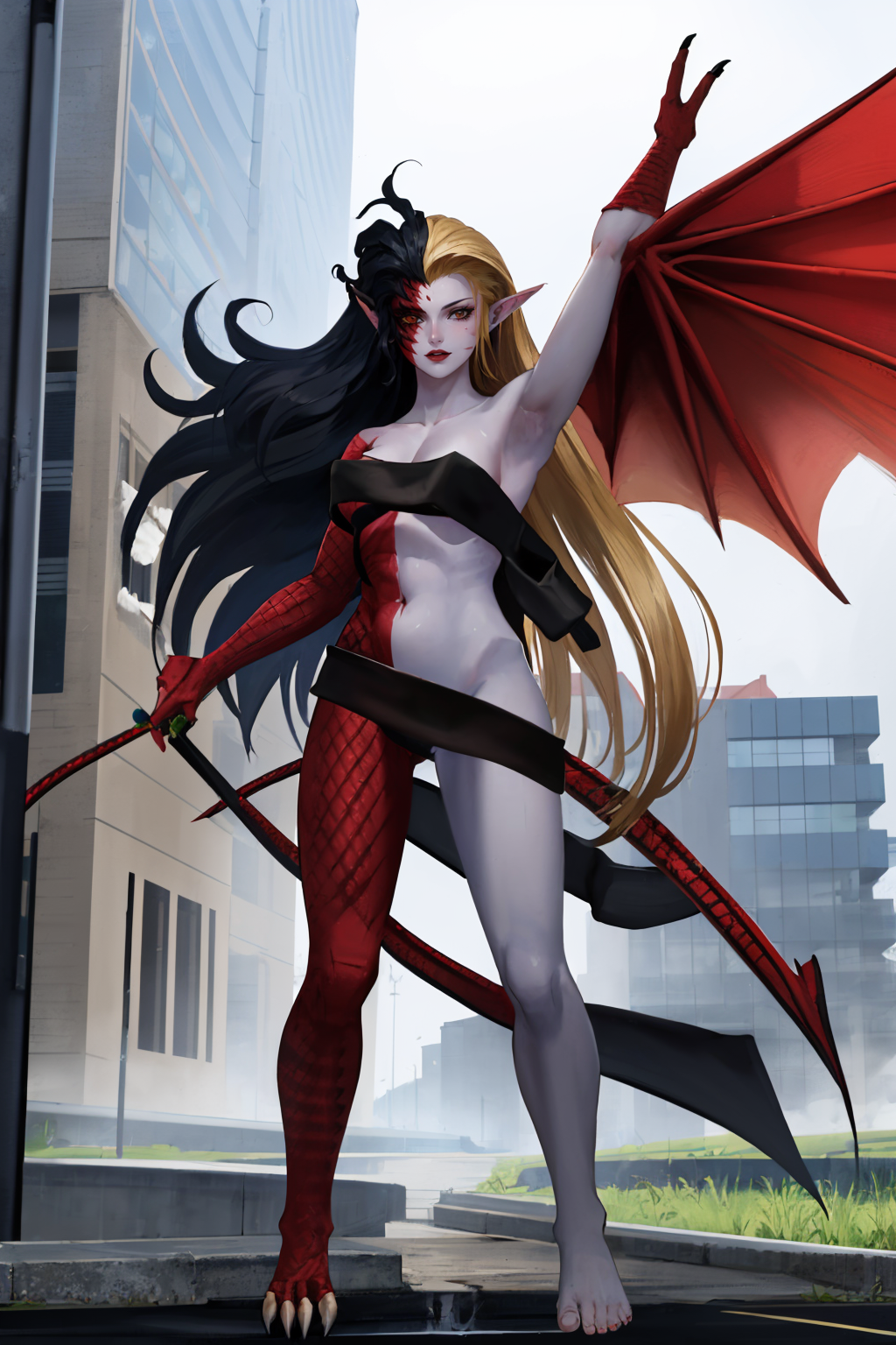 masterpiece, best quality, full body
<lora:zs_Vouivre:1> vouivresmt, long hair, colored skin, blonde hair, black hair, two-tone hair, convenient censoring, red skin, monster girl, pointy ears, demon wing,