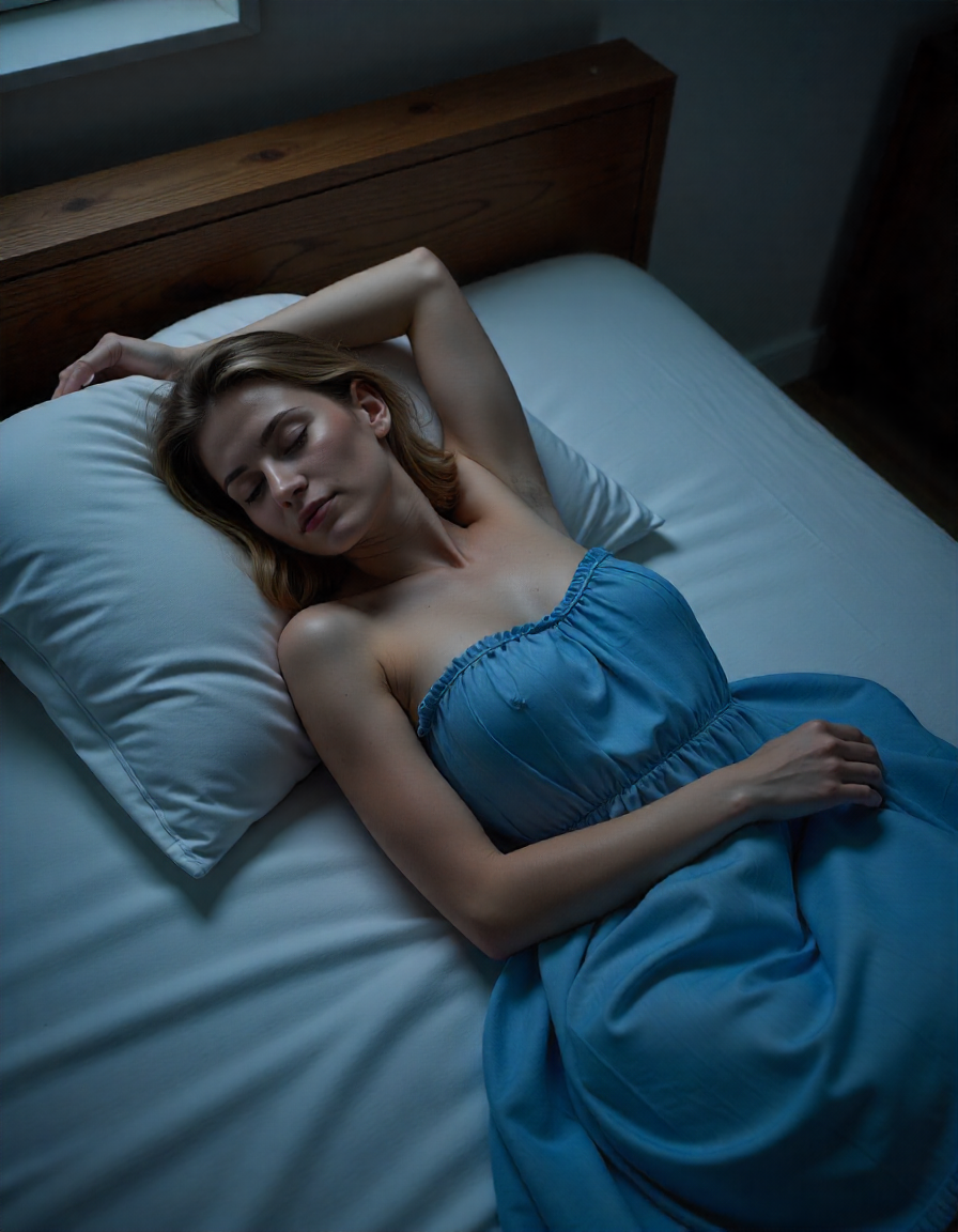 photo from above of a beautiful blonde woman lying on a bed sleeping. She is wearing a blue nightgown. The scene is dark with a small amount of moonlight streaming through the window of the bedroom.