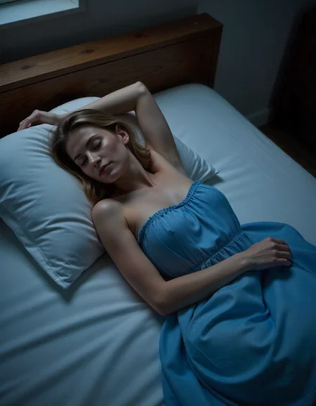 photo from above of a beautiful blonde woman lying on a bed sleeping. She is wearing a blue nightgown. The scene is dark with a small amount of moonlight streaming through the window of the bedroom.