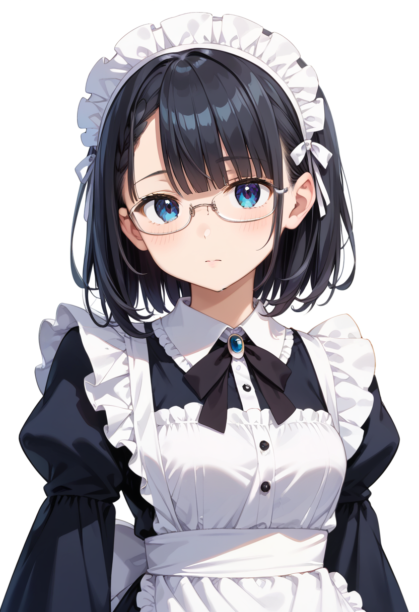score_9, score_8_up, score_7_up, rating_safe, masterpiece, best quality, absurdres, unity 8k wallpaper, official art, official style, source_anime, uncensored, game cg, megami magazine,
1girl, solo, black hair, medium hair, upper body, covered eyes,maid, maid headdress, black dress, maid apron, face focus,
underrim_metal, glasses, still life, white background, simple background, under-rim eyewear, white-framed eyewear, 
 <lora:glasses_underRimMetal_PONY_V1:1>