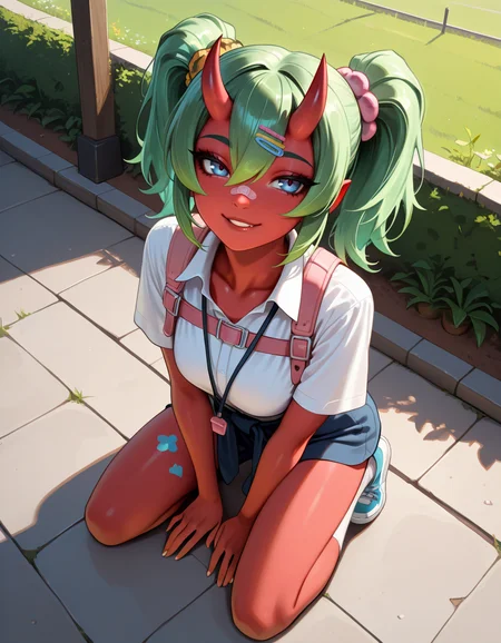 masterpiece, best quality, very aesthetic, absurdres,
outdoors,
full body, seductive smile, parted lips, long eyelashes,
<lora:Nemia_v01_NAIXL:1>,
N4m14,1girl,solo,green hair,oni horns,twintails,hair ornament,hairclip,hair between eyes,blue eyes,bandaid on face,colored skin,red skin,