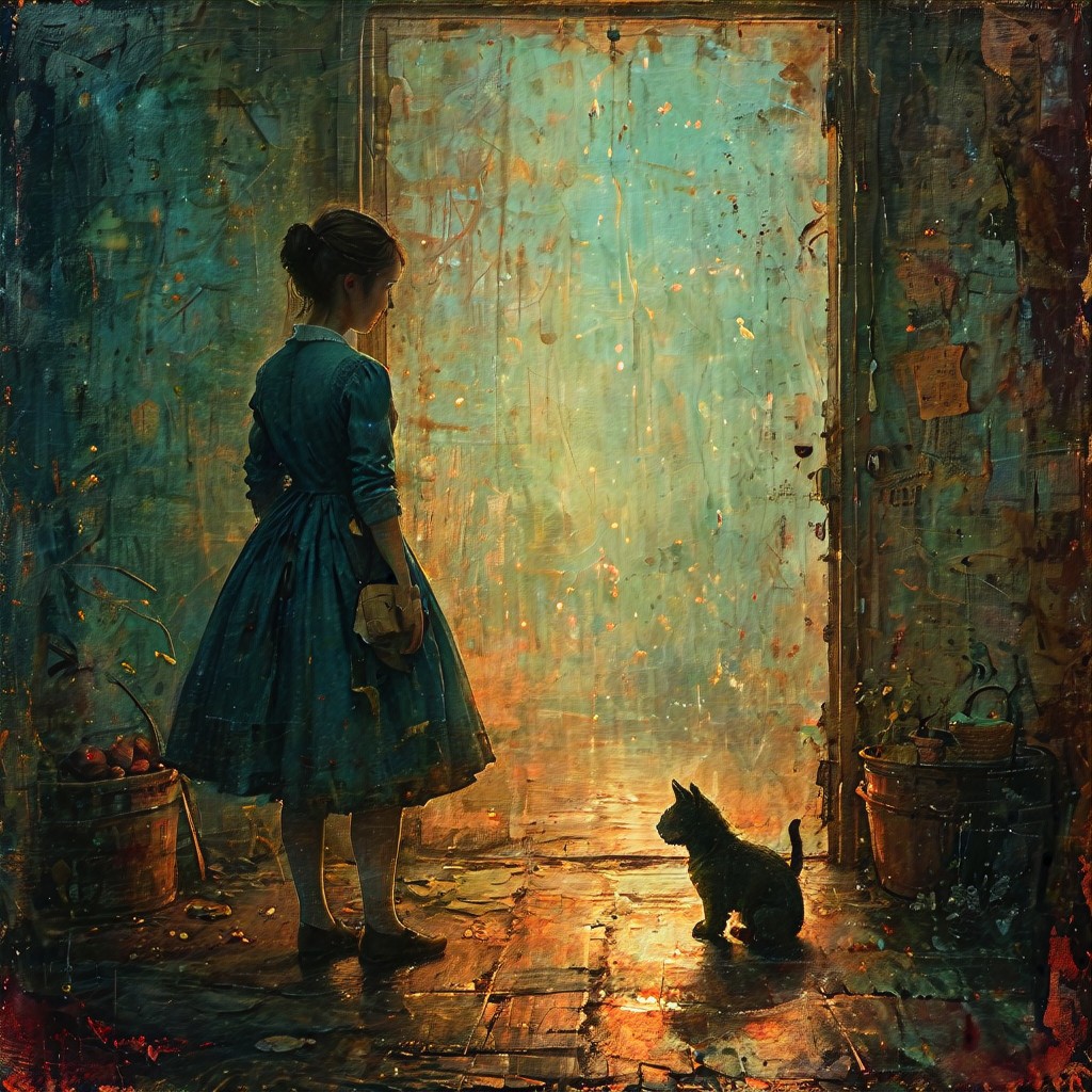 DOROTHY, an elegant lady, ate a hearty breakfast, and watched a Munchkin, who played with Toto and pulled his tail and crowed and laughed in a way that greatly amused Dorothy.  <lora Dreamyvibes Artstyle:0.8>