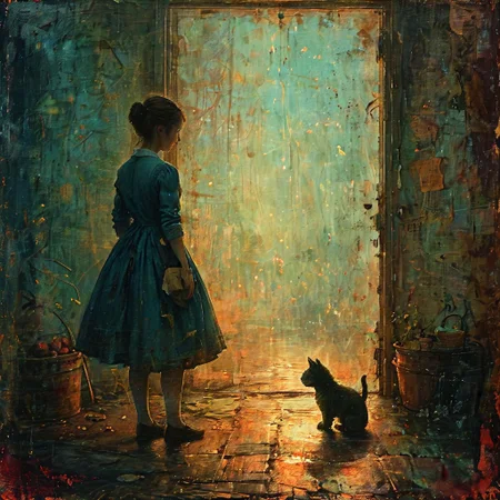 DOROTHY, an elegant lady, ate a hearty breakfast, and watched a Munchkin, who played with Toto and pulled his tail and crowed and laughed in a way that greatly amused Dorothy. <lora Dreamyvibes Artstyle:0.8>